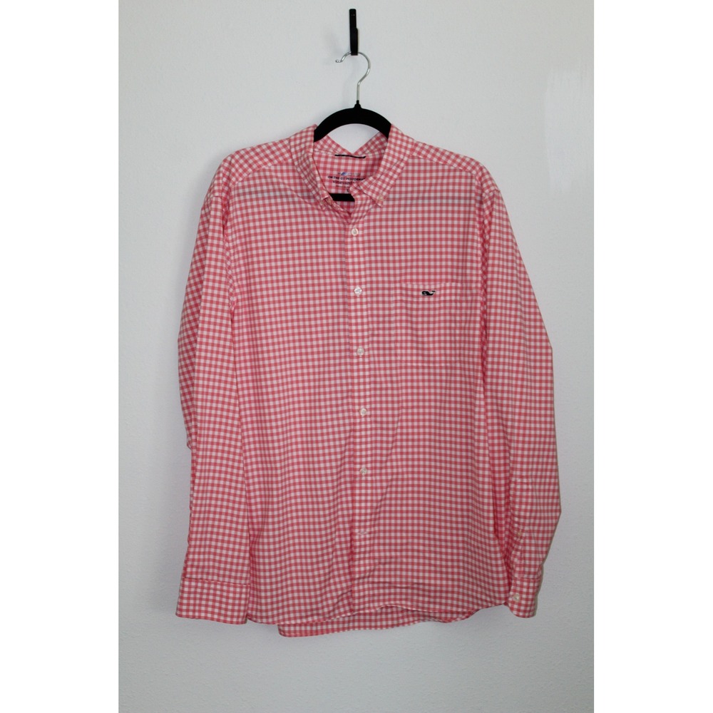 Vineyard Vines On-The-Go Performance Shirt Men's Large Coral Gingham Stretch OTG